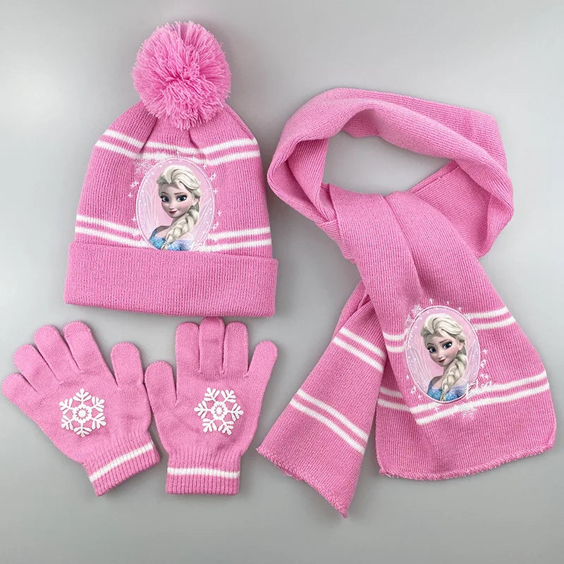 Cartoon Ice Princess and Anna Winter AKids 3-Piece Character Christmas Winter Set – Hat, Scarf & Gloves