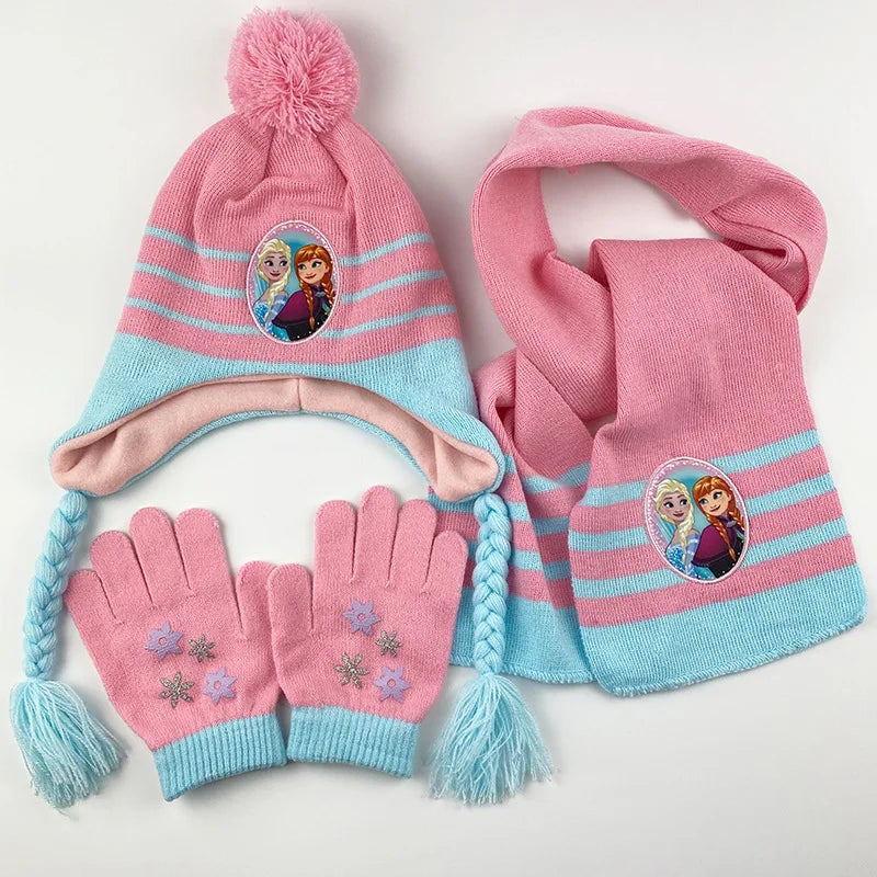 Cartoon Ice Princess and Anna Winter AKids 3-Piece Character Christmas Winter Set – Hat, Scarf & Gloves