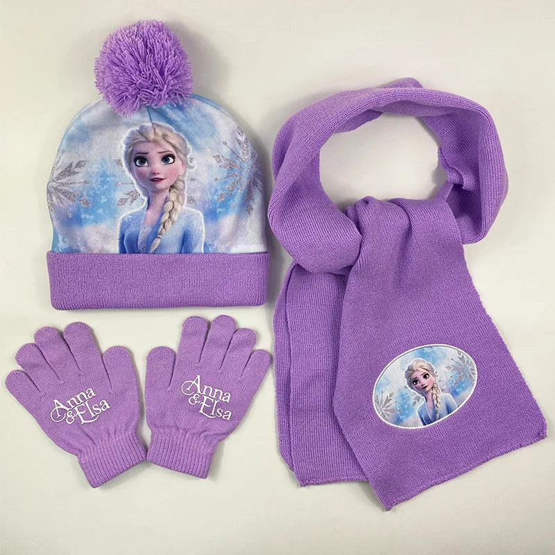 Cartoon Ice Princess and Anna Winter AKids 3-Piece Character Christmas Winter Set – Hat, Scarf & Gloves