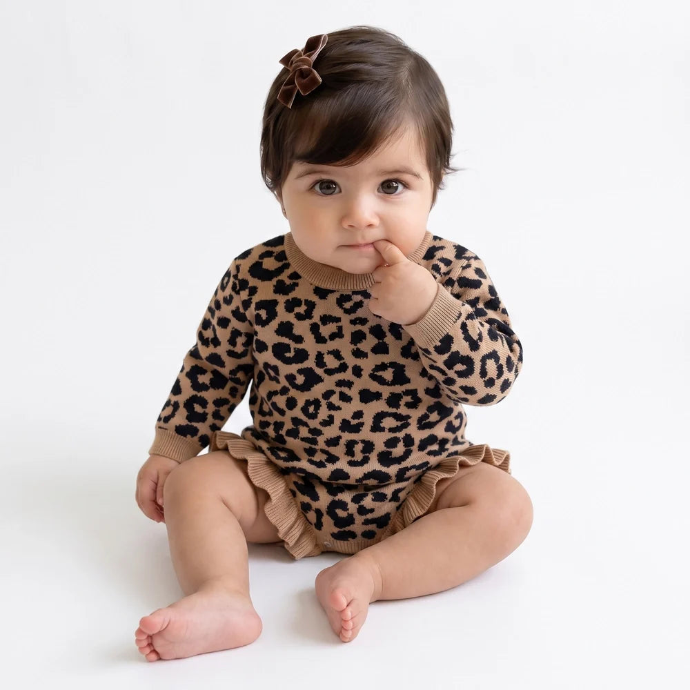 Beautifully Spotted™ Leopard Knit Long Sleeve Baby Romper