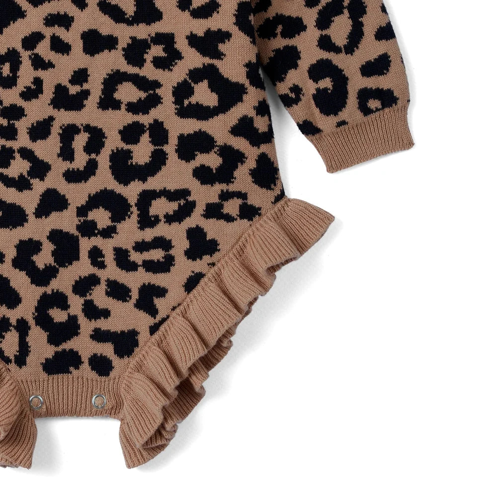 Beautifully Spotted™ Leopard Knit Long Sleeve Baby Romper
