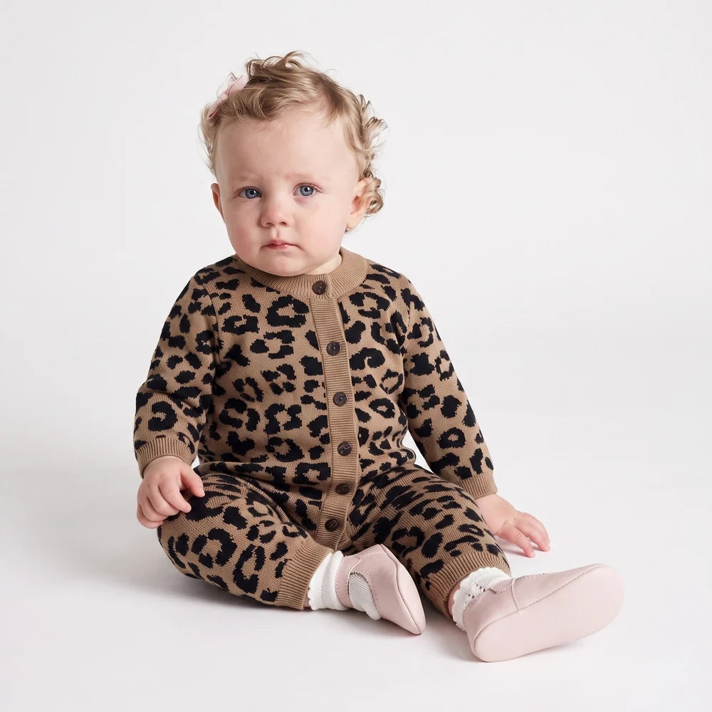Beautifully Spotted™ Leopard Knit Button-Front Baby Romper