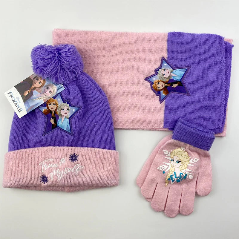 Cartoon Ice Princess and Anna Winter AKids 3-Piece Character Christmas Winter Set – Hat, Scarf & Gloves