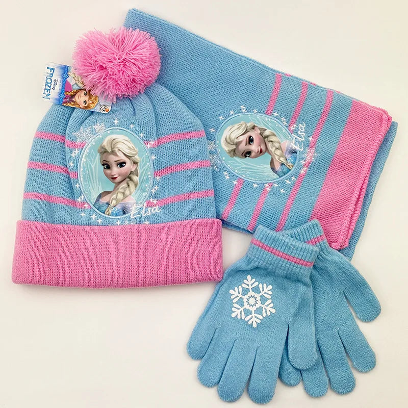 Cartoon Ice Princess and Anna Winter AKids 3-Piece Character Christmas Winter Set – Hat, Scarf & Gloves