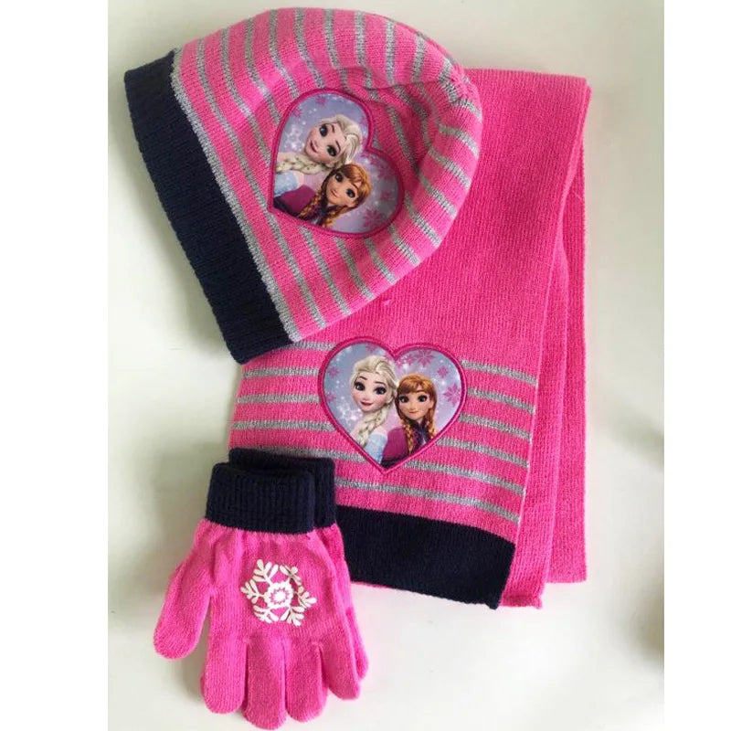 Cartoon Ice Princess and Anna Winter AKids 3-Piece Character Christmas Winter Set – Hat, Scarf & Gloves