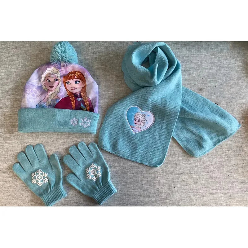 Cartoon Ice Princess and Anna Winter AKids 3-Piece Character Christmas Winter Set – Hat, Scarf & Gloves