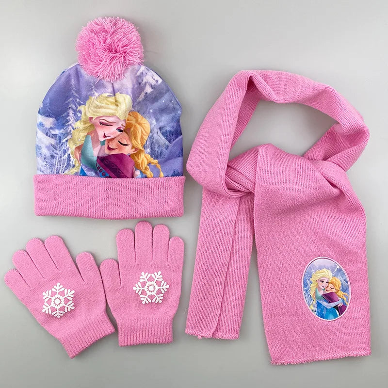 Cartoon Ice Princess and Anna Winter AKids 3-Piece Character Christmas Winter Set – Hat, Scarf & Gloves