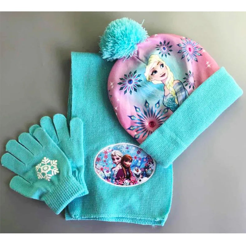 Cartoon Ice Princess and Anna Winter AKids 3-Piece Character Christmas Winter Set – Hat, Scarf & Gloves