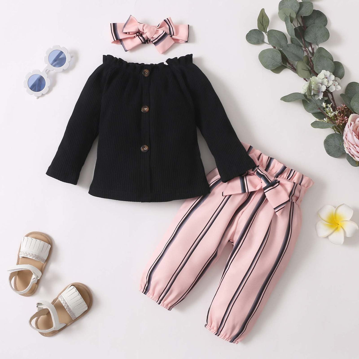 Little Loves Pink Stripe Bow Outfit Set