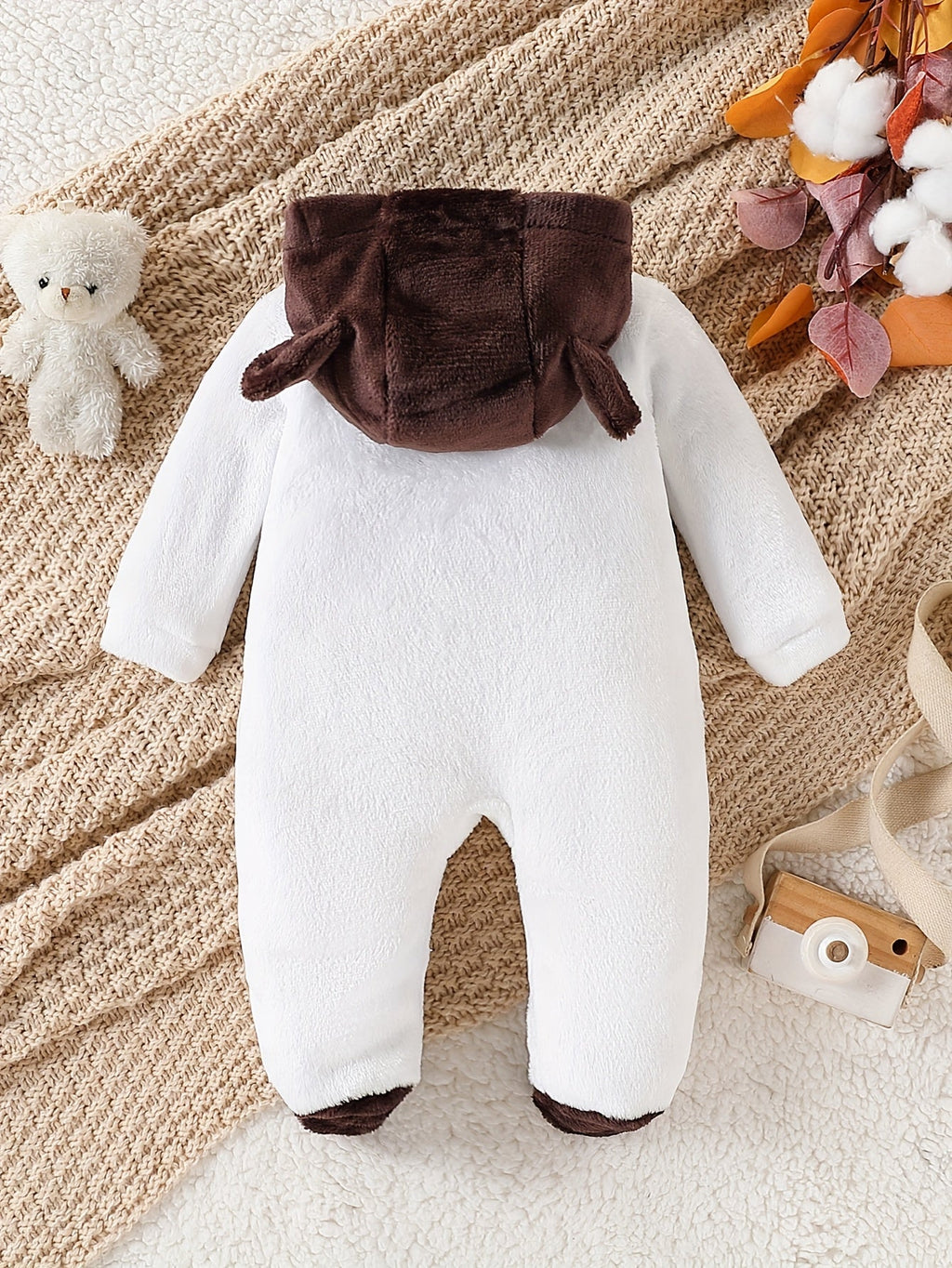 Cozy Teddy Plush Hooded Baby One-Piece