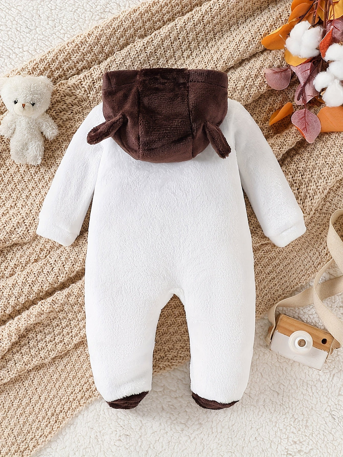 Cozy Teddy Plush Hooded Baby One-Piece