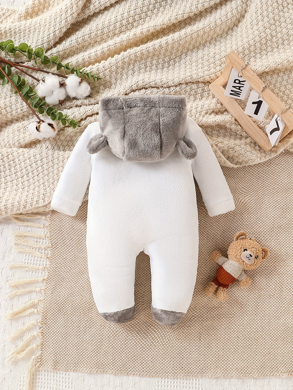 Cozy Teddy Plush Hooded Baby One-Piece