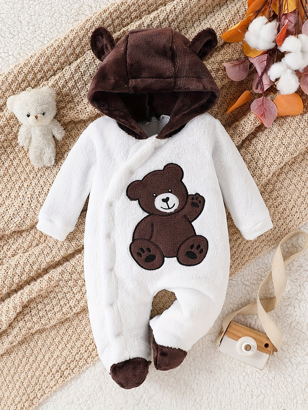 Cozy Teddy Plush Hooded Baby One-Piece