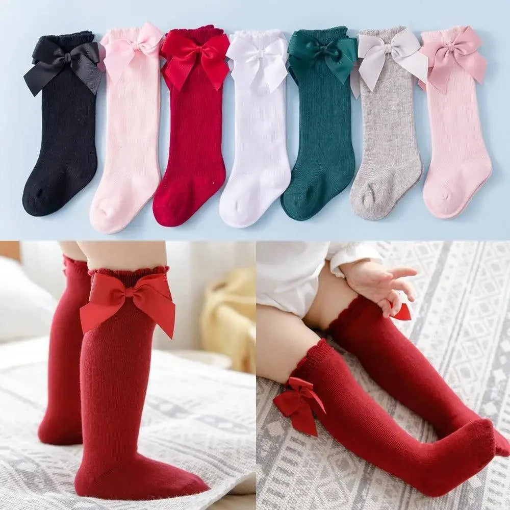 Girls Knee-High Bow Socks – Soft Cotton Dress Socks