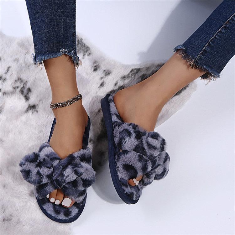 Wildly Cozy Leopard Print Faux Fur Slippers