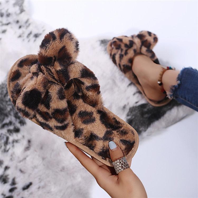 Wildly Cozy Leopard Print Faux Fur Slippers