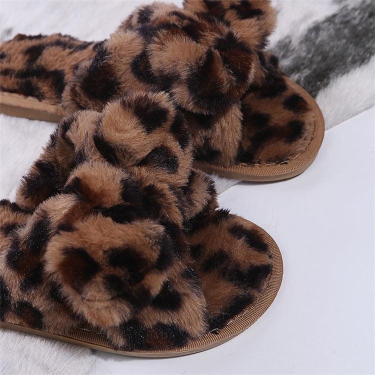 Wildly Cozy Leopard Print Faux Fur Slippers