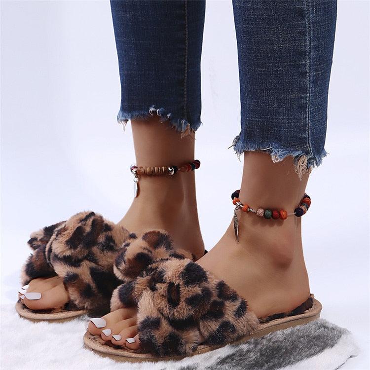 Wildly Cozy Leopard Print Faux Fur Slippers