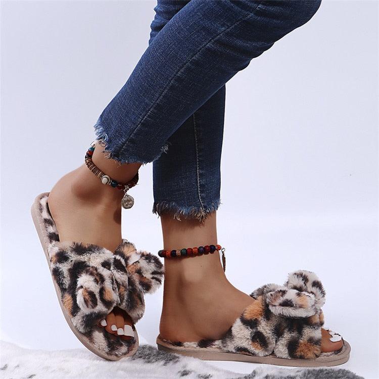 Wildly Cozy Leopard Print Faux Fur Slippers
