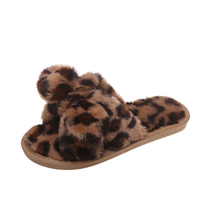 Wildly Cozy Leopard Print Faux Fur Slippers