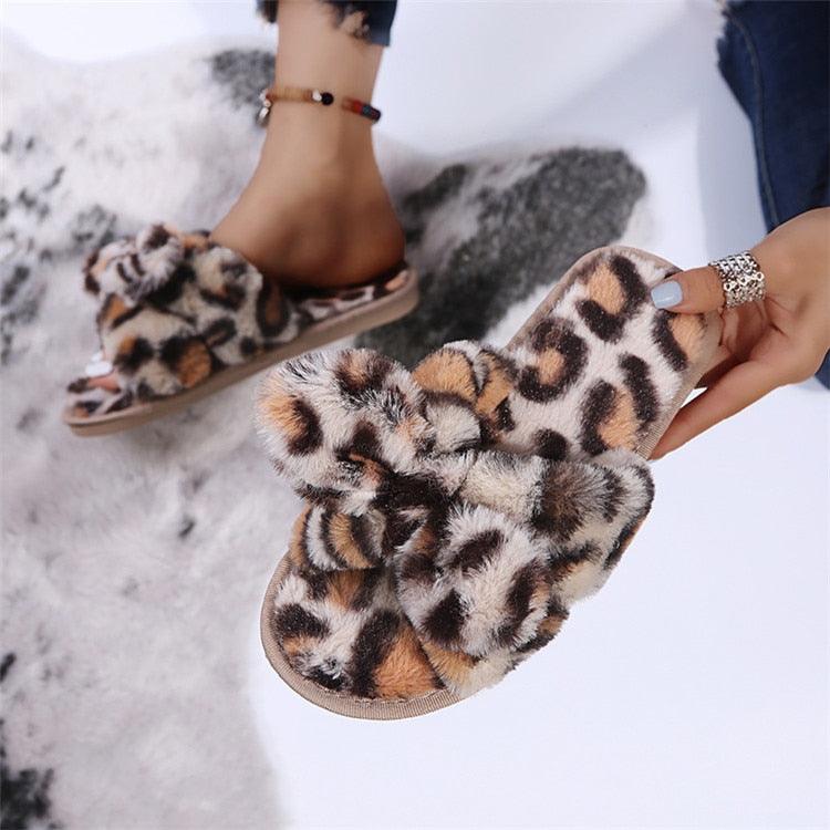 Wildly Cozy Leopard Print Faux Fur Slippers