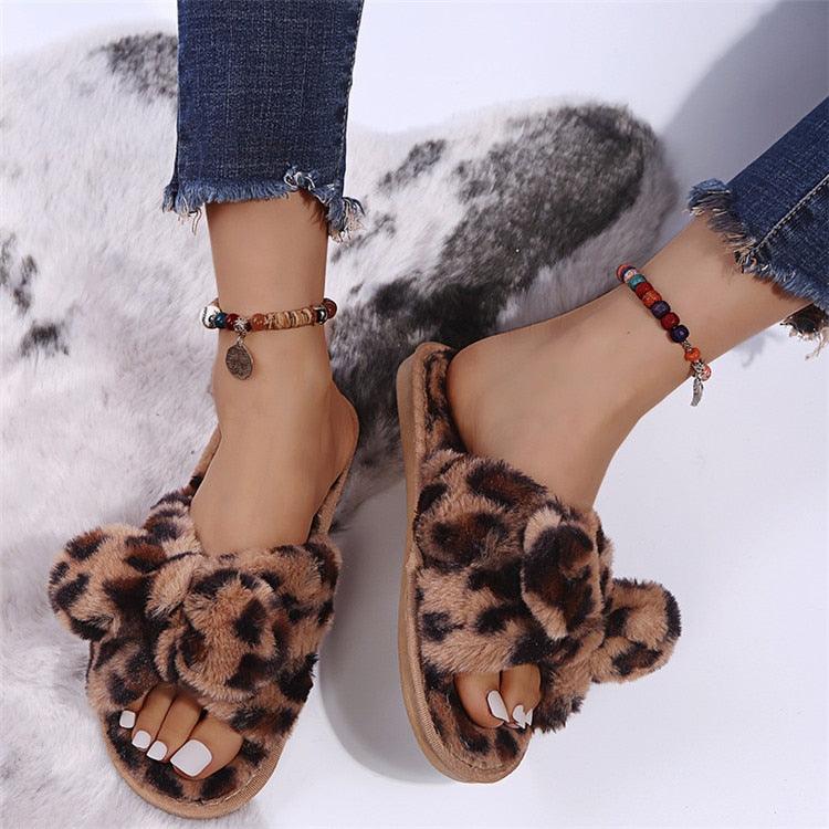 Wildly Cozy Leopard Print Faux Fur Slippers