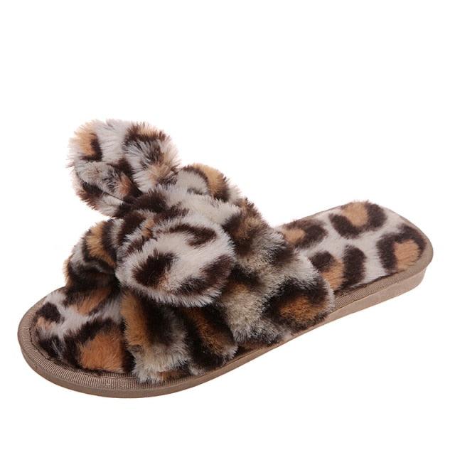 Wildly Cozy Leopard Print Faux Fur Slippers